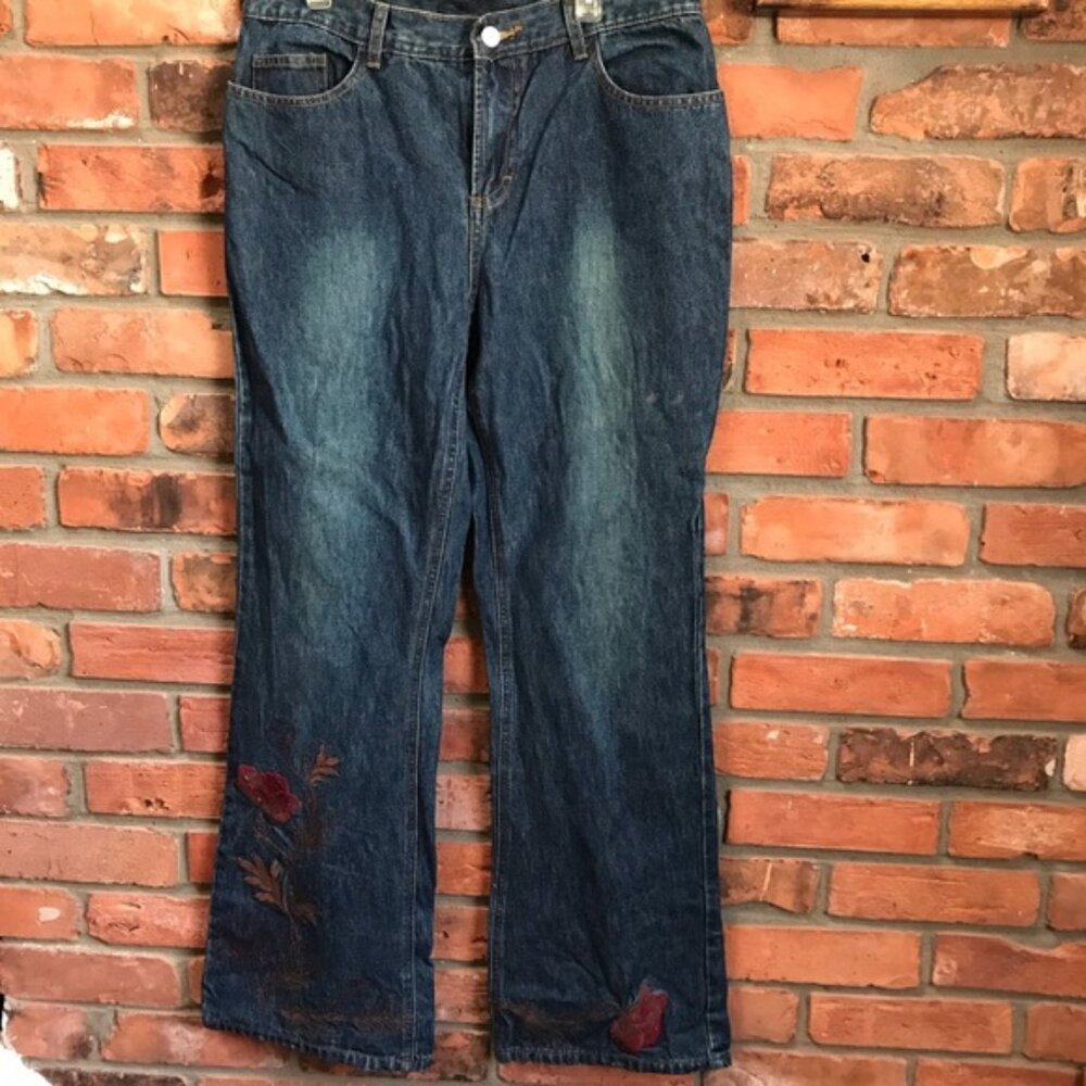 Prenatal Vintage Y2K Floral Embroidered Flare Jeans Mid High Rise Straight Leg 8